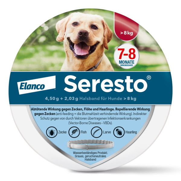 Seresto Halsband für große Hunde über 8 kg gegen Zecken und Flöhe, wirkt abtötend und repellierend bis zu 8 Monate